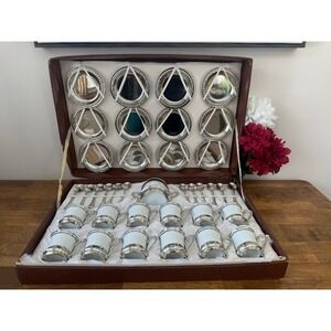 Vintage Italian Demitasse Espresso Set 12 Silver Plate White Cups Original Case